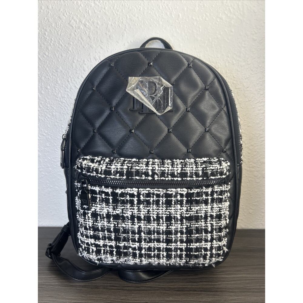 NWT Badgley Mischka Black And White Big Diamond Quilted Backpack Faux Leather